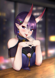 Rule 34 | 1girl, bare shoulders, blue dress, blush, bob cut, breasts, cleavage cutout, clothing cutout, dress, earrings, eyeliner, fate/grand order, fate (series), hair ornament, highres, horns, jewelry, looking at viewer, makeup, nail polish, oni, out of focus, pointy ears, purple eyes, purple hair, selarz, short eyebrows, short hair, shuten douji (fate), skin-covered horns, small breasts, smile, solo, tongue, tongue out