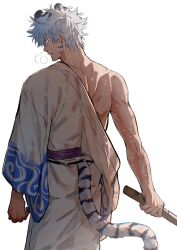 Rule 34 | 1boy, akamaru (ninech79), animal ears, bokken, breath, clothing cutout, commentary, from behind, gintama, grey hair, hadanugi dousa, hair between eyes, highres, holding, holding sword, holding weapon, japanese clothes, kemonomimi mode, kimono, long sleeves, looking at viewer, looking back, male focus, open clothes, open kimono, red eyes, sakata gintoki, simple background, solo, sweat, sword, symbol-only commentary, tail, tail through clothes, tiger boy, tiger ears, tiger tail, weapon, white background, white kimono, wide sleeves, wooden sword