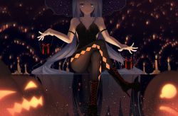 Rule 34 | 1girl, alternate costume, argyle, argyle clothes, argyle legwear, black pantyhose, blue eyes, blue hair, boots, chinese commentary, halloween, hatsune miku, high heel boots, high heels, highres, jack-o&#039;-lantern, jijing zishui, long hair, looking down, pantyhose, solo, twintails, very long hair, vocaloid