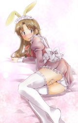 Rule 34 | 1boy, absurdres, alternate costume, animal ears, ass, blush, brown eyes, brown hair, ca2la, crossdressing, enmaided, highres, little busters!, long hair, looking back, lying, maid, maid headdress, male focus, naoe riki, on side, open mouth, panties, pantyshot, rabbit ears, solo, thighhighs, trap, underwear, white panties, white thighhighs