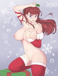 Rule 34 | 1girl, 2020, arm up, breasts, christmas, cleft of venus, detached sleeves, folait, gift, grabbing own breast, highres, large breasts, long hair, nipples, nude, on one knee, original, purple eyes, pussy, red hair, ribbon, solo, thighhighs