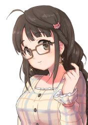 Rule 34 | 1girl, ahoge, bear hair ornament, blush, braid, breasts, brown-framed eyewear, brown eyes, brown hair, closed mouth, dot nose, earrings, freckles, furorida, glasses, glint, hair ornament, hand up, idolmaster, idolmaster cinderella girls, idolmaster cinderella girls starlight stage, jewelry, long hair, long sleeves, looking at viewer, medium breasts, okuyama saori, plaid, plaid shirt, shirt, simple background, smile, solo, twin braids, twintails, white background, yellow shirt