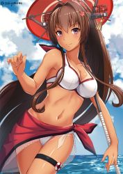 Rule 34 | 1girl, adapted costume, artist name, bare arms, bare shoulders, bikini, bikini tan, blue sky, breasts, brown hair, cherry blossoms, cleavage, closed mouth, cloud, collar, collarbone, day, flower, hair between eyes, hair flower, hair intakes, hair ornament, headgear, holding, holding umbrella, horizon, kantai collection, kikumon, large breasts, long hair, looking at viewer, navel, ocean, oil-paper umbrella, open mouth, outdoors, parasol, red umbrella, sakiyamama, sarong, shiny skin, sky, smile, solo, summer, swimsuit, tan, tanline, thigh strap, umbrella, very long hair, water, white bikini, yamato (kancolle)