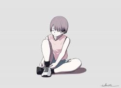 Rule 34 | 1girl, artist name, brown hair, closed eyes, hair ornament, hairclip, jersey, original, shoes, short hair, shorts, signature, simple background, sitting, sneakers, solo, takimoto nao, tying shoes