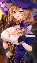 Rule 34 | 1girl, belt, blush, book, breasts, brown hair, capelet, cleavage, genshin impact, gloves, green eyes, hat, hat belt, highres, holding, holding book, jewelry, large breasts, lisa (genshin impact), long hair, looking at viewer, low tied hair, necklace, open mouth, pendant, purple capelet, purple hat, reel (riru), smile, solo, vision (genshin impact), witch hat