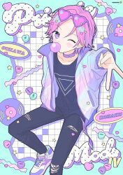 Rule 34 | 1boy, black pants, black shirt, blowing bubbles, candy heart, character name, chewing gum, choker, english text, ensemble stars!, eyewear on head, foot out of frame, grid, hand in pocket, heart, heart-shaped blush stickers, heart-shaped eyewear, highres, holographic clothing, invisible chair, jacket, layered clothes, long sleeves, manamoko (fancy surprise!), multicolored clothes, multicolored jacket, one eye closed, open clothes, open jacket, oukawa kohaku, pants, pink hair, print shirt, purple eyes, record, shirt, shoes, signature, sitting, sneakers, solo, squiggle, star (symbol), sunglasses, torn clothes, torn pants, v