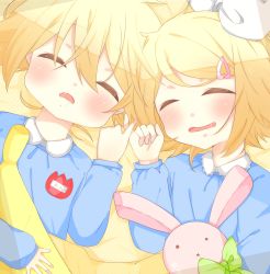Rule 34 | aged down, banana, blonde hair, blush, bow, brother and sister, closed eyes, commentary request, drooling, food, fruit, hair bow, hair ornament, hairpin, highres, holding hands, kagamine len, kagamine rin, kindergarten uniform, lying, name tag, on back, open mouth, ri04sa01, siblings, sleeping, smile, stuffed animal, stuffed rabbit, stuffed toy, under covers, vocaloid