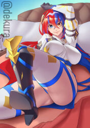 Rule 34 | 1girl, adapted costume, alear (female) (fire emblem), alear (fire emblem), ass, blue eyes, blue hair, blush, breasts, crossed bangs, dekura, fire emblem, fire emblem engage, gloves, heterochromia, highres, large breasts, long hair, looking at viewer, lying, multicolored hair, nintendo, on back, red eyes, red hair, smile, solo, split-color hair, thigh strap, thighhighs, thighs, tiara, two-tone hair, very long hair