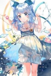 Rule 34 | 1girl, abstract background, arms up, artist name, bib, bloomers, blue dress, blue eyes, blue hair, bow, character name, chinese commentary, cirno, clothes writing, commentary, commentary request, cropped legs, dated, dress, expressionless, feet out of frame, flower, hair bow, hair ornament, hairclip, head tilt, highres, holding, holding hose, hose, leaning to the side, ling mou, looking at viewer, medium hair, morning glory, plant, short hair, solo, symbol-only commentary, touhou, underwear, vines, water, white background, wings, x hair ornament