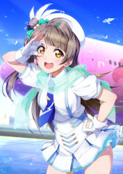 Rule 34 | 1girl, :d, aircraft, airplane, blouse, blue necktie, blue sky, blurry, blurry background, brown hair, contrapposto, cowboy shot, earrings, feather beret, fingerless gloves, gloves, hand on own hip, hat, highres, jewelry, long hair, looking at viewer, love live!, love live! school idol project, minami kotori, miniskirt, necktie, open mouth, orange eyes, outdoors, shirt, skirt, sky, smile, solo, sparkle, standing, suspender skirt, suspenders, very long hair, white shirt, wonderful rush