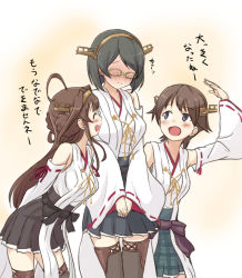 Rule 34 | 10s, 3girls, bare shoulders, black hair, blush, boots, brown hair, detached sleeves, engiyoshi, glasses, hairband, height difference, hiei (kancolle), highres, japanese clothes, kantai collection, kirishima (kancolle), kongou (kancolle), long hair, multiple girls, no legwear, nontraditional miko, open mouth, personification, short hair, skirt, smile, tall, thigh boots, thighhighs, translation request