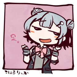 Rule 34 | 1girl, blazer, blush stickers, border, bow, bowtie, cevio, character name, chibi, collared shirt, commentary request, double bun, grey hair, grey sweater, hair bun, hair ornament, hairclip, hands up, head tilt, highres, jacket, jitome, koharu rikka, kuron (uhhr2odhrppc5nw), long sleeves, looking to the side, multicolored clothes, multicolored jacket, open clothes, open jacket, open mouth, outside border, pink background, pink bow, pink bowtie, purple eyes, school uniform, shirt, short hair, shrugging, simple background, smirk, solo, sweater, synthesizer v, translation request, two-tone jacket, upper body, white border