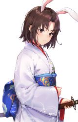Rule 34 | 1girl, absurdres, animal ears, black cola, blue bow, blush, bow, brown eyes, brown hair, closed mouth, commentary request, fate/grand order, fate (series), grey kimono, highres, holding, holding sheath, japanese clothes, katana, kemonomimi mode, kimono, long sleeves, obi, parted bangs, rabbit ears, ryougi shiki, ryougi shiki (decapitating bunny), sash, sheath, sheathed, simple background, sleeves past wrists, solo, sword, v-shaped eyebrows, weapon, white background, wide sleeves