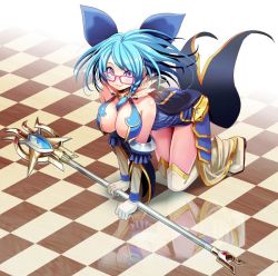 Rule 34 | 1girl, all fours, blue eyes, blue hair, boots, breasts, checkered floor, cleavage, cosmic break, floor, glasses, large breasts, lumiera, matching hair/eyes, morizo cs, official art, reflective floor, solo, staff, thigh boots, thighhighs
