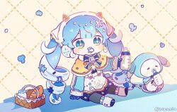 Rule 34 | 1girl, animal, baby bottle, baguette, beamed eighth notes, bell, blue bow, blue bowtie, blue eyes, blue hair, blue hood, blue mittens, blue skirt, blush stickers, bottle, bow, bowtie, bread, capelet, cheese, chibi, commentary, curly hair, drinking, fake horns, food, fortissimo, hair ornament, hatsune miku, holding, holding bottle, horns, ice cream cone, layered skirt, long hair, milk bottle, mittens, musical note, musical note hair ornament, neck bell, pacifier, picnic basket, rabbit, rabbit yukine, seomin, sitting, skirt, snowflake hair ornament, solo, sprinkles, swiss cheese, twintails, twitter username, very long hair, vocaloid, waffle cone, white headdress, white skirt, yellow background, yellow capelet, yuki miku, yuki miku (2024) (candidate no.4)