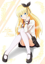 Rule 34 | 1girl, absurdres, black bow, black footwear, black skirt, blazer, blonde hair, blue eyes, blush, bow, character name, closed mouth, full body, garter straps, hair bow, head tilt, highres, jacket, juliet persia, ken-ji, kishuku gakkou no juliet, long hair, long sleeves, looking at viewer, mary janes, miniskirt, pleated skirt, red bow, school uniform, shoes, sitting, skirt, smile, solo, striped, striped bow, thighhighs, very long hair, white background, white jacket, white thighhighs, zettai ryouiki