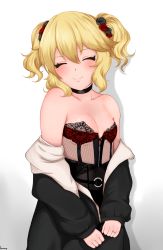 Rule 34 | 1girl, absurdres, alternate costume, alternate hairstyle, blonde hair, breasts, child, choker, closed eyes, corset, flower, goth fashion, gothic, highres, idolmaster, idolmaster cinderella girls, jewelry, mrhunking, ring, sakurai momoka, small breasts, smile, solo, standing, twintails, white background