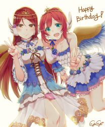 Rule 34 | 2girls, angel wings, aqua eyes, artist name, backlighting, bare shoulders, circlet, commentary request, crop top, cross-laced clothes, dress, flower, gogi, hair ornament, hairclip, happy birthday, highres, kurosawa ruby, long hair, looking at viewer, love live!, love live! school idol festival, love live! sunshine!!, multiple girls, open mouth, orange eyes, red hair, sakurauchi riko, simple background, skirt, smile, spaghetti strap, v, wings