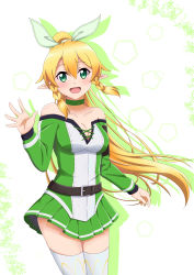 Rule 34 | 1girl, :d, absurdres, belt, belt buckle, black belt, blonde hair, bow, braid, breasts, buckle, cleavage, collar, collarbone, cowboy shot, floating hair, green bow, green eyes, green shirt, green skirt, hair between eyes, hair bow, high ponytail, highres, ken-ji, leafa, long hair, long sleeves, looking at viewer, medium breasts, miniskirt, multiple girls, off-shoulder shirt, off shoulder, open mouth, outstretched hand, pleated skirt, pointy ears, shadow, shirt, simple background, skirt, smile, solo, standing, sword art online, sword art online: integral factor, thighhighs, twin braids, very long hair, white background, white thighhighs, zettai ryouiki