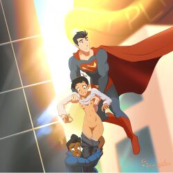Rule 34 | 1girl, 2boys, absurdres, accidental pervert, artist name, assisted exposure, black hair, blue bodysuit, blue eyes, blush, bodysuit, breasts, cape, clark kent, cleft of venus, clothes lift, clothes pull, collarbone, dark-skinned male, dark skin, dc comics, ear piercing, embarrassed, flying, grabbing, grabbing another&#039;s breast, groin, held up, highres, jimmy olsen, lois lane, long sleeves, looking down, looking to the side, multiple boys, my adventures with superman, navel, nipples, outdoors, panties, pants, pants pull, panty pull, parted lips, piercing, pulling another&#039;s clothes, pussy, red cape, sequestro, shirt lift, short hair, small breasts, smile, superhero costume, superman, superman (series), teeth, thighs, tomboy, uncensored, underwear, white panties
