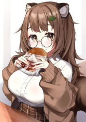 Rule 34 | 1girl, animal ears, anpan, blush, breasts, brown eyes, brown hair, cardigan, collared shirt, eating, food, food on face, glasses, hair ornament, highres, holding, holding food, kawagami raito, large breasts, leaf hair ornament, long hair, long sleeves, looking at viewer, off shoulder, original, plaid, plaid skirt, pleated skirt, round eyewear, shirt, shirt tucked in, skirt, solo, squirrel ears, squirrel girl, squirrel tail, table, tail