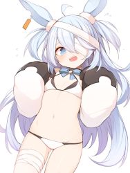 Rule 34 | 1girl, animal ears, arms up, bandage over one eye, bandages, bikini, blue eyes, blue hair, breasts, ear tag, gloves, hands on own chest, highres, little witch nobeta, long hair, monica (little witch nobeta), mou tama maru, navel, open mouth, rabbit ears, sharp teeth, simple background, small breasts, solo, swimsuit, teeth, thigh gap, thighs, two side up, very long hair, white background, white bikini, white gloves