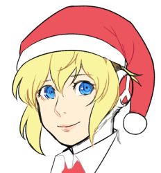 Rule 34 | 1girl, aegis (persona), blonde hair, blue eyes, bobblehat, christmas, collar, hat, persona, persona 3, portrait, red hat, santa hat, simple background, smile, solo, upper body, white background