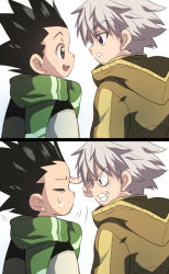 Rule 34 | 2boys, black hair, blush, brown eyes, child, clenched teeth, closed eyes, coin rand, gon freecss, hunter x hunter, killua zoldyck, male focus, multiple boys, open mouth, short hair, simple background, standing, sweat, teeth, white hair