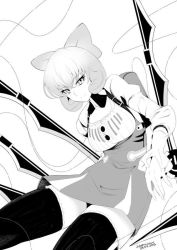 Rule 34 | 1girl, bow, breasts, greyscale, hair bow, ice, large breasts, long sleeves, looking at viewer, monochrome, aged up, penny polendina, puffy sleeves, rwby, short hair, solo, stormcow, thighhighs, wings