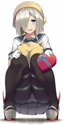 Rule 34 | 10s, 1girl, apron, black pantyhose, blue eyes, blush, box, breasts, chocolate, collarbone, commentary request, full body, gift, gift box, giving, gloves, grey skirt, hair ornament, hair over one eye, hairclip, hamakaze (kancolle), hand on own knee, head scarf, heart, highres, holding, holding gift, incoming gift, kantai collection, large breasts, looking at viewer, open mouth, panties, panties under pantyhose, pantyhose, pantyshot, pleated skirt, ribbon, school uniform, serafuku, shoes, short hair, short sleeves, silver hair, simple background, skirt, smile, solo, squatting, sukebewe, tenugui, thigh strap, underwear, valentine, white background, white gloves, white panties, yellow apron