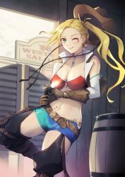 Rule 34 | 1girl, armlet, bare shoulders, barrel, bikini, bikini top only, blonde hair, blue shorts, breasts, brown gloves, brown vest, calamity jane (fate), cleavage, cowboy hat, cropped vest, earrings, facial tattoo, fate/grand order, fate (series), fingerless gloves, forehead, gloves, green eyes, green shorts, gun, hat, highres, hoop earrings, jewelry, large breasts, long hair, looking at viewer, nakaga eri, navel, neck ring, one eye closed, open clothes, open vest, parted bangs, red bikini, short shorts, shorts, side ponytail, smile, solo, star tattoo, stomach tattoo, swimsuit, tattoo, thighhighs, thighs, two-tone shorts, vest, weapon, white thighhighs