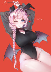 Rule 34 | 1girl, animal ears, blue eyes, blush, braid, breasts, cleavage, cleavage cutout, clothing cutout, demon girl, demon wings, fake animal ears, food, food in mouth, hair intakes, hair over shoulder, heart, heart-shaped pupils, highres, holding, holding food, horns, kanola u, large breasts, leotard, looking at another, looking at viewer, mouth hold, one eye closed, original, pink hair, playboy bunny, pocky, pocky day, rabbit ears, red background, see-through, see-through sleeves, side braid, simple background, single braid, sitting, smile, solo, symbol-shaped pupils, thighs, wings