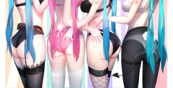 Rule 34 | 4girls, absurdres, aqua hair, arm tattoo, artist request, ass, ass grab, bad id, bad pixiv id, black legwear, black panties, blue hair, breasts, deep skin, demon tail, from behind, garter straps, hand on another&#039;s ass, hatsune miku, highres, lace, lace-trimmed legwear, lace trim, long hair, multiple girls, multiple persona, panties, panties under pantyhose, pantyhose, pink hair, rabbit tail, shiny skin, sideboob, skin tight, tail, tattoo, twintails, underwear, underwear only, very long hair, vocaloid, wedgie, white legwear