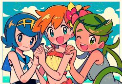 3girls :d ;d aerial_fireworks alternate_costume aqua_eyes bare_shoulders blue_eyes blue_hair blue_sky blush blush_stickers border closed_mouth cloud creatures_(company) day eyelashes fireworks flower game_freak green_eyes green_hair grey_shirt hair_flower hair_ornament hairband highres holding_hands lana_(pokemon) long_hair mallow_(pokemon) midriff misty_(pokemon) multiple_girls navel nintendo no_sclera one_eye_closed open_mouth orange_hair pokemon pokemon_(anime) pokemon_sm_(anime) shirt short_hair sky sleeveless sleeveless_shirt smile teeth twintails upper_body upper_teeth_only user_ksws8433 water white_border white_shirt yellow_hairband yellow_shirt