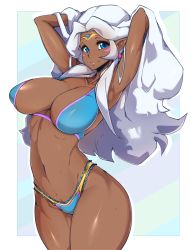 Rule 34 | 1girl, armpits, arms up, bad id, bad tumblr id, bikini, blue eyes, breasts, circlet, cleavage, curvy, dark-skinned female, dark skin, highres, hyakujuu-ou golion, large breasts, long hair, navel, princess allura, slugbox, solo, swimsuit, thick thighs, thighs, voltron: legendary defender, voltron (series), white hair, wide hips