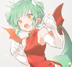 Rule 34 | 1girl, china dress, chinese clothes, draco centauros, dragon girl, dragon horns, dragon tail, dragon wings, dress, elbow gloves, fang, gloves, green hair, grey background, horns, kinutani yutaka, looking at viewer, open mouth, pointy ears, puyopuyo, red dress, short hair, simple background, tail, upper body, v-shaped eyebrows, white gloves, wings, yellow eyes