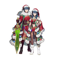 Rule 34 | 1boy, 1girl, absurdres, bare shoulders, black footwear, black gloves, blue eyes, blue hair, brooch, byleth (female) (fire emblem), byleth (female) (frosty professor) (fire emblem), byleth (fire emblem), byleth (male) (fire emblem), byleth (male) (frosty professor) (fire emblem), cape, character doll, doll, dual persona, fire emblem, fire emblem: three houses, fire emblem heroes, fur-trimmed cape, fur trim, gloves, green cape, hat, highres, holding, holding doll, holding sword, holding weapon, holly, jewelry, looking at viewer, medium hair, midriff, navel, nintendo, official alternate costume, official art, pantyhose, red cape, santa costume, santa hat, smile, sothis (fire emblem), suzuki iori, sword, weapon, white footwear, white gloves