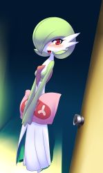 Rule 34 | 1girl, bad id, bad pixiv id, blush, creatures (company), deredere, door, dutch angle, game freak, gardevoir, gen 3 pokemon, hair over one eye, indoors, lovestruck, nintendo, nme, pillow, pokemon, pokemon (creature), red eyes, smile, solo, yes, yes-no pillow