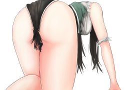 Rule 34 | 10s, 1girl, aaaaa (nanyanen95), ass, bad id, bad pixiv id, bent over, black hair, breasts, chikuma (kancolle), from behind, kantai collection, long hair, medium breasts, pelvic curtain, short sleeves, simple background, solo, torn clothes, white background