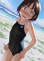 Rule 34 | 1girl, arena (company), beach, black one-piece swimsuit, blue sky, blush, bob cut, body freckles, breasts, brown eyes, brown hair, cloud, commentary, competition school swimsuit, day, dutch angle, flat chest, freckles, furrowed brow, grass, highres, logo, looking at viewer, mu-pyon, nose blush, ocean, one-piece swimsuit, open mouth, original, outdoors, sanpaku, school swimsuit, short hair, sky, small breasts, solo, surprised, sweatdrop, swimsuit, twitter username, waves