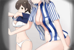 Rule 34 | 10s, 2girls, blurry, bottomless, bra, breasts, brown eyes, brown hair, depth of field, employee uniform, grey hair, haamon (harmon), highres, kaga (kancolle), kantai collection, kashima (kancolle), lawson, looking at another, medium breasts, multiple girls, navel, no bra, open clothes, open shirt, panties, shirt, short hair, short sleeves, side ponytail, underwear, undressing, uniform, vipper captain, white bra, white panties