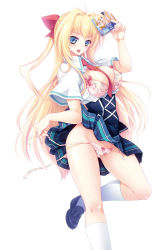 Rule 34 | 1girl, :d, blonde hair, blue eyes, book, bra, breasts, character request, cleavage, corset, groin, highres, holding, knight destiny, necktie, open book, open clothes, open mouth, panties, panty pull, plaid, plaid skirt, school uniform, shima chiyo, side-tie panties, simple background, skirt, smile, solo, underwear, white background