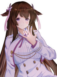 Rule 34 | 1girl, absurdres, animal ears, azur lane, breasts, brown hair, buttons, capelet, commentary, cow ears, cow girl, cow horns, double-breasted, hair ribbon, highres, horns, jacket, jewelry, kashino (azur lane), large breasts, long hair, looking at viewer, nail polish, ornate ring, purple eyes, ribbon, ring, simple background, solo, very long hair, wedding ring, white background, white capelet, white jacket, white nails, yuzu minari