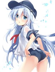 Rule 34 | 1girl, absurdres, alternate sleeve length, anchor symbol, ass, black hat, black sailor collar, blue eyes, blue one-piece swimsuit, commentary request, cowboy shot, flat cap, from behind, hat, hibiki (kancolle), highres, hizuki yayoi, kantai collection, long hair, looking at viewer, no pants, one-piece swimsuit, sailor collar, school uniform, serafuku, short shorts, shorts, silver hair, solo, swimsuit, swimsuit under clothes