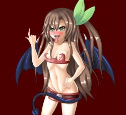 Rule 34 | :d, beckoning, blue wings, blush, breasts, demon girl, drooling, ecstasy (icyblue), fangs, green eyes, groin, hair ornament, hand on own hip, if (neptunia), leaf, leaf hair ornament, long hair, lowleg, lowleg skirt, microskirt, midriff, miniskirt, monster girl, navel, neptune (series), nipple slip, nipples, no panties, open mouth, pussy, pussy peek, red eyes, saliva, simple background, skirt, slit pupils, small breasts, smile, sweat, tail, tongue, tongue out, wings