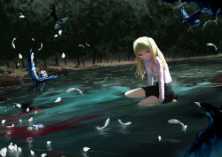 Rule 34 | 1girl, absurdres, arm support, barefoot, bird, black skirt, blonde hair, blood, blood in water, blurry, blurry background, closed mouth, commentary, commission, crow, crying, crying with eyes open, english commentary, eudetenis, feathers, highres, hoshino ai (oshi no ko), hoshino ruby, long hair, long sleeves, looking at viewer, one side up, oshi no ko, outdoors, partially submerged, petals, pink eyes, river, second-party source, shirt, sidelocks, sitting, skirt, solo, spoilers, star-shaped pupils, star (symbol), symbol-shaped pupils, tears, tree, variant set, water, white feathers, white shirt