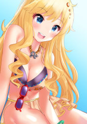 Rule 34 | 1girl, bare shoulders, bikini, bikini skirt, blue eyes, blush, breasts, cleavage, commentary request, hair ornament, idolmaster, idolmaster million live!, idolmaster million live! theater days, jewelry, koukoku, large breasts, looking at viewer, necklace, no nose, ohtsuki yui, skirt, smile, solo, sunglasses, swimsuit, teeth, upper teeth only, wavy hair, yellow skirt