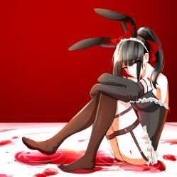 Rule 34 | 1girl, animal ears, bare shoulders, black eyes, black hair, black thighhighs, boa sorte, breasts, crossed arms, fake animal ears, feet, fishnet thighhighs, fishnets, highres, large breasts, leotard, long hair, looking at viewer, monkey, narberal gamma, necktie, overlord (maruyama), playboy bunny, rabbit ears, rabbit girl, sitting, solo, thighhighs