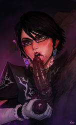 Rule 34 | 1boy, 1girl, after fellatio, alternate hair length, alternate hairstyle, bayonetta, bayonetta (series), bayonetta 2, black hair, blue eyes, caressing testicles, clothed female nude male, dark-skinned male, dark skin, earrings, eyeshadow, fellatio, glasses, heart, hetero, highres, huge testicles, incase, jewelry, large penis, lips, lipstick, lipstick mark, makeup, mole, mole under mouth, nude, open mouth, oral, penis, precum, runny makeup, short hair, solo focus, stray pubic hair, testicles, tongue, uncensored