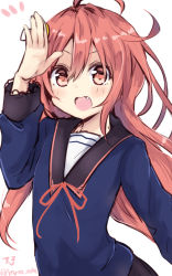 Rule 34 | 10s, 1girl, ahoge, amano kouki, crescent, crescent hair ornament, fang, hair between eyes, hair ornament, hair ribbon, highres, kantai collection, long hair, long sleeves, looking at viewer, open mouth, red eyes, ribbon, salute, school uniform, serafuku, simple background, smile, solo, twitter username, uzuki (kancolle), white background
